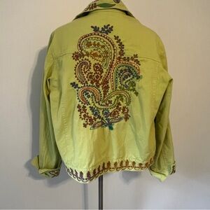 Coldwater Creek Green Denim Twill Paisley Embroidered Boho Jacket large